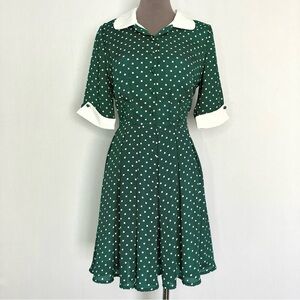 Collectif Vintage Green Polka Dot Fit & Flare Dress w/ Peter Pan Collar US 4 XS